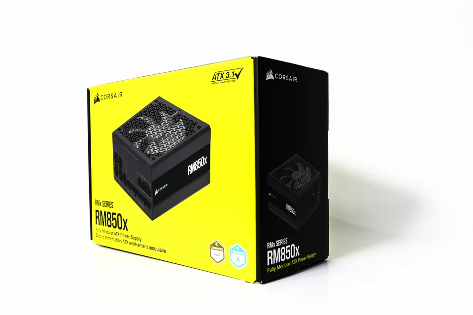 CORSAIR power-supply carton, yellow and black