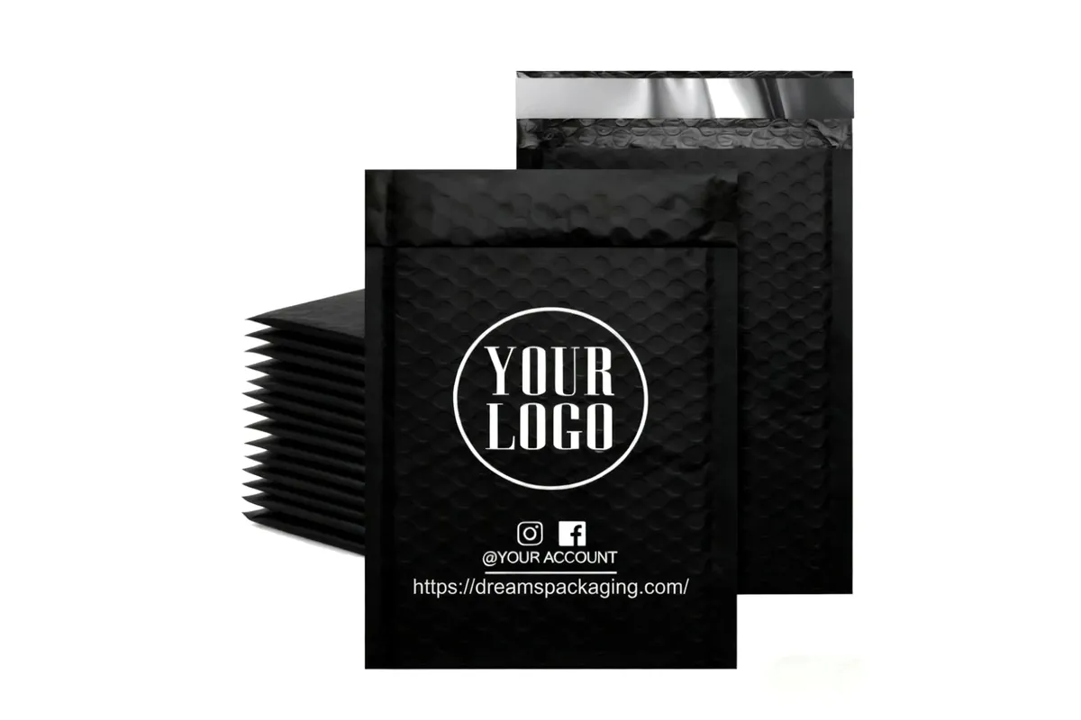 Black matte poly bubble mailers custom printed with a white logo, with a peel-and-seal strip