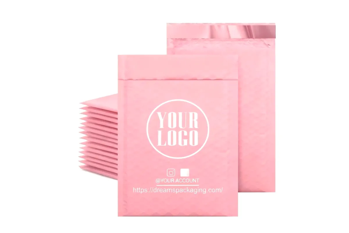 Pink matte poly bubble mailers custom printed with a white logo, with a peel-and-seal strip
