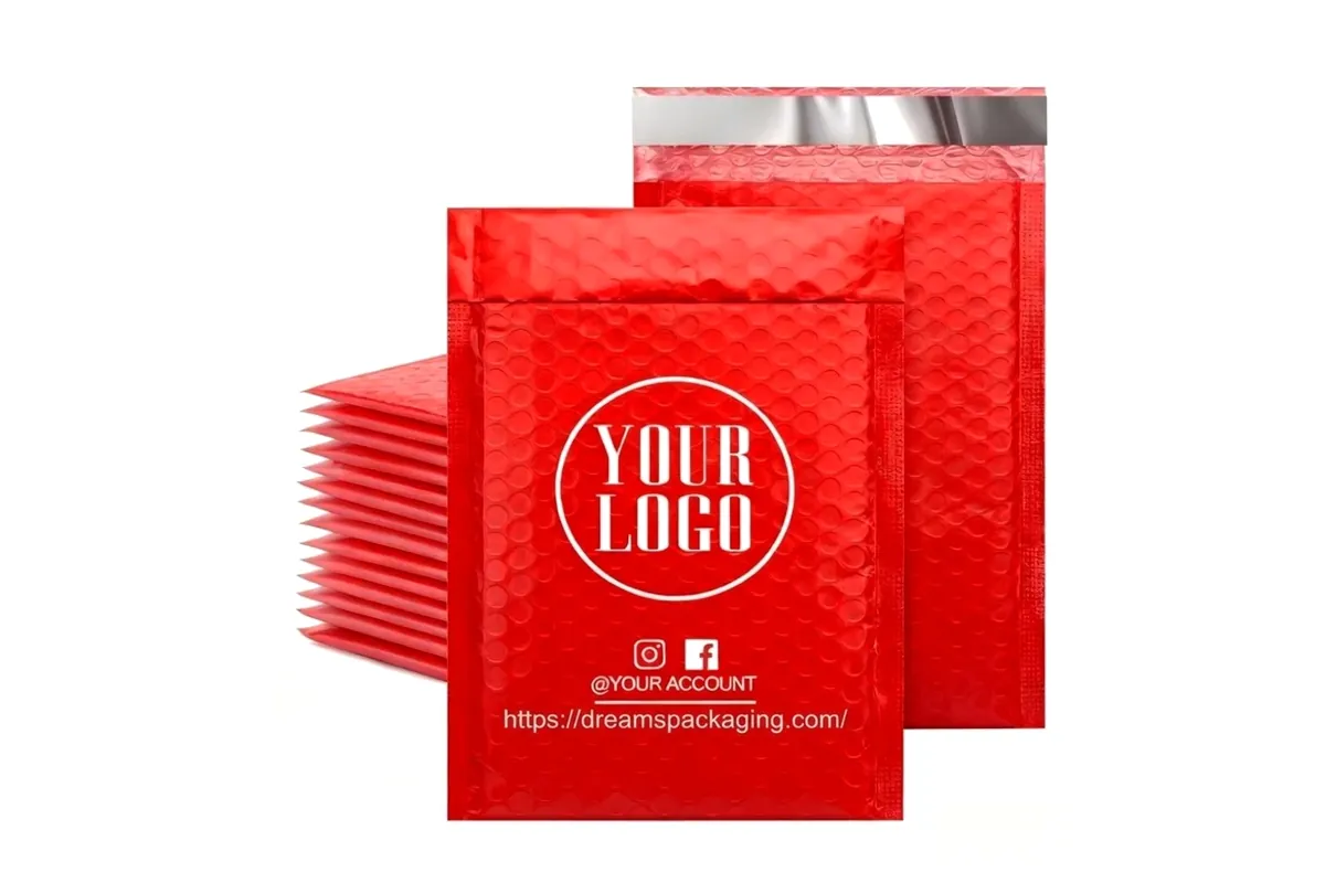 Red matte bubble mailers printed with a logo