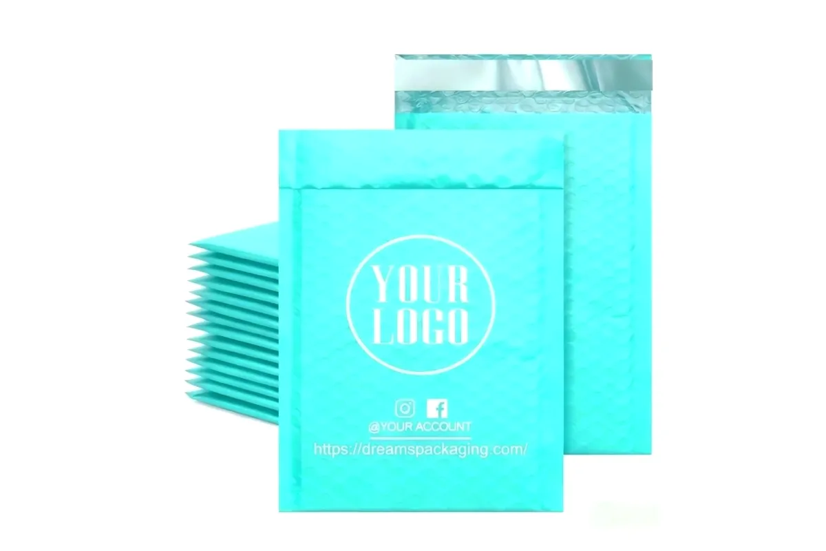 Teal matte poly bubble mailers custom printed with a white logo, with a peel-and-seal strip
