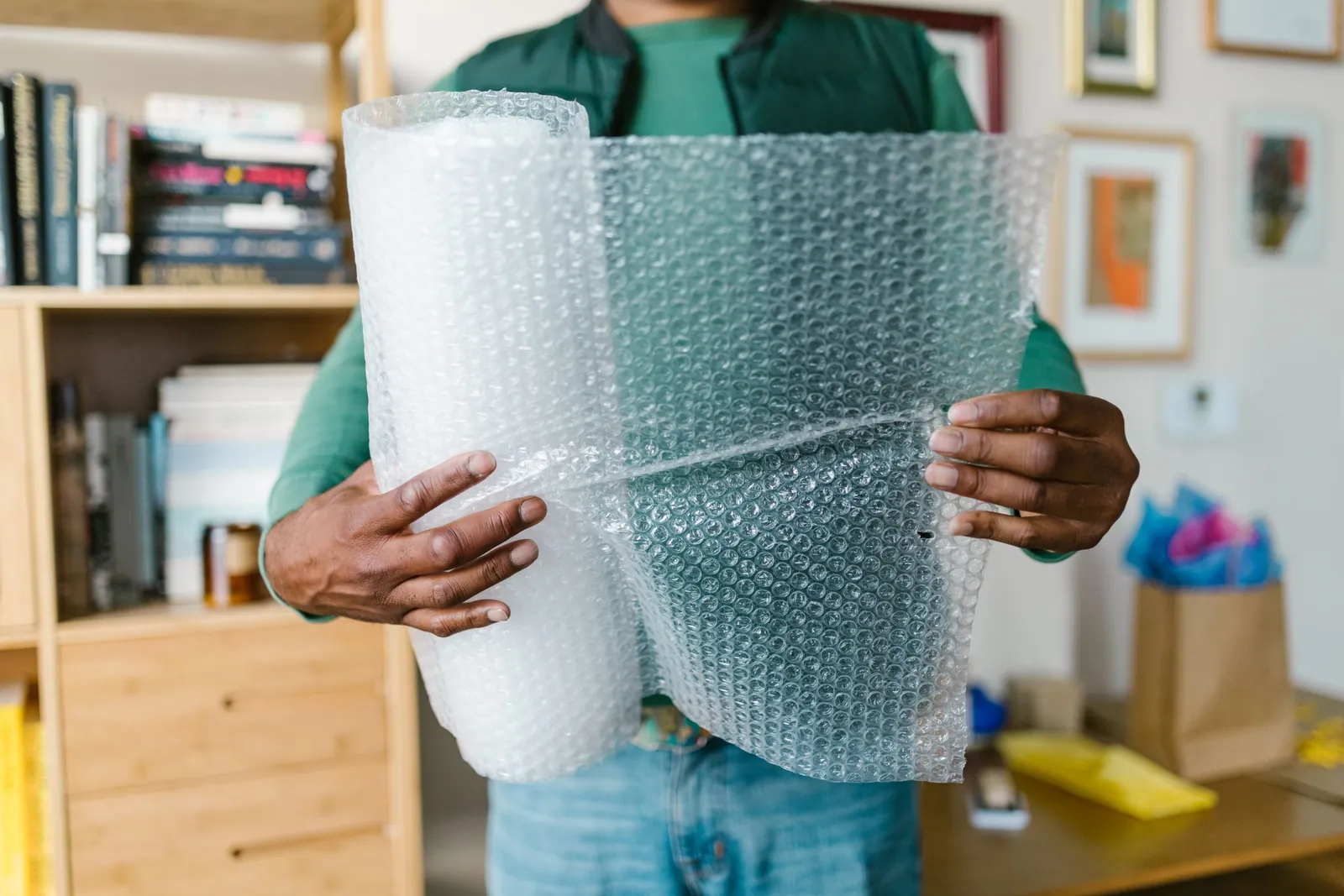 A roll of bubble wrap held open