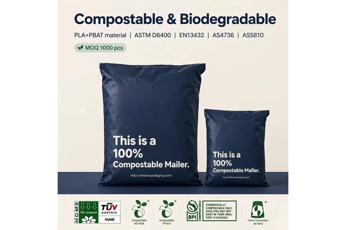 Navy compostable mailers made from PLA and PBAT, with TÜV OK compost HOME, BPI, AS 4736 and AS 5810 certification marks