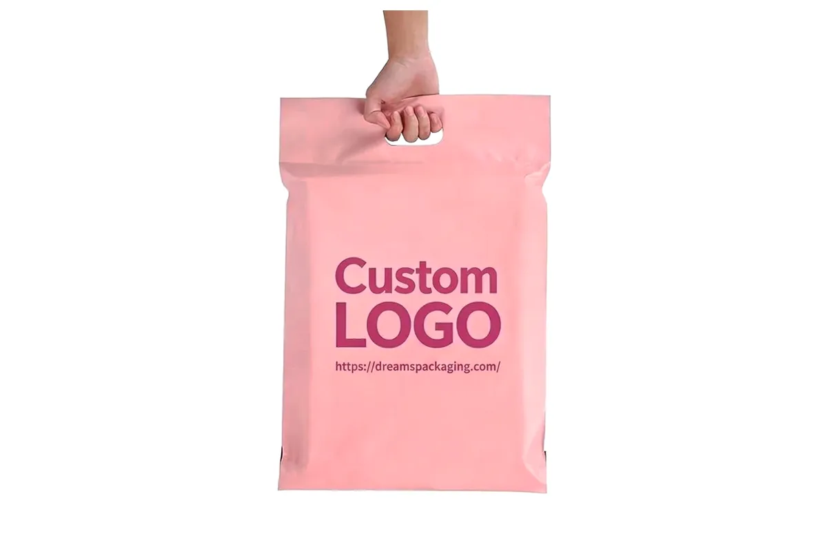 Pink handled poly mailer printed with a logo