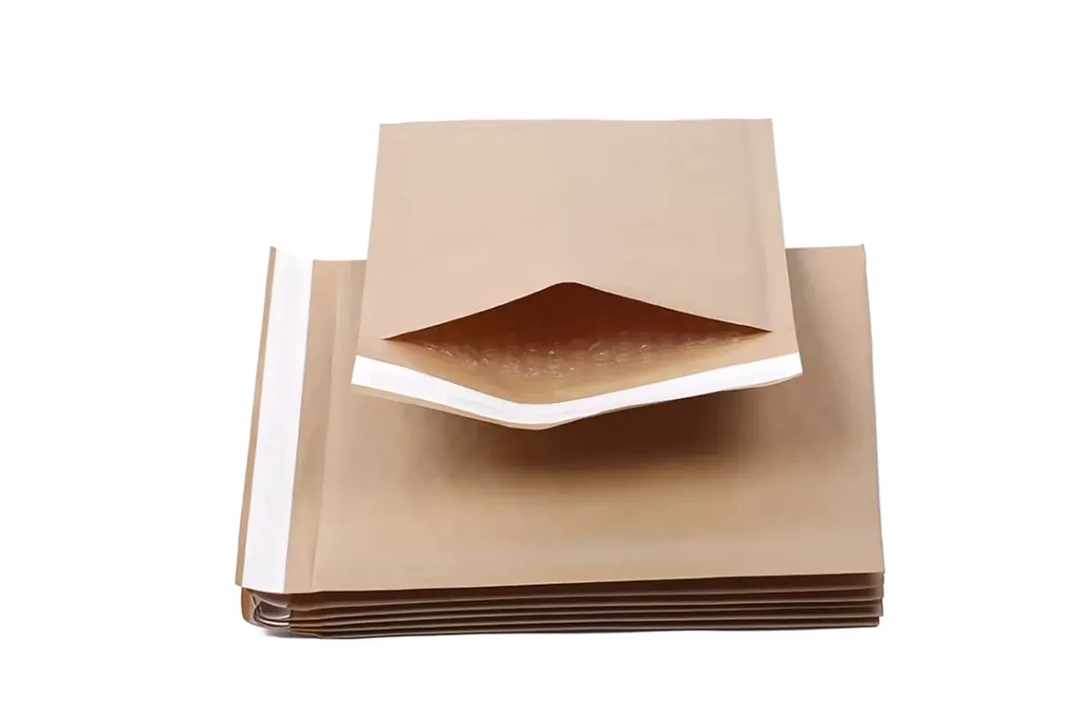 Open kraft bubble mailer showing the bubble lining inside