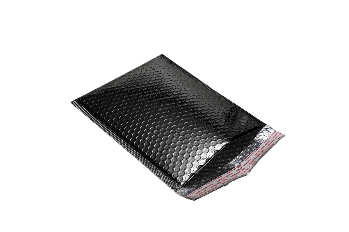 Black metallic bubble mailer with its peel-off adhesive strip