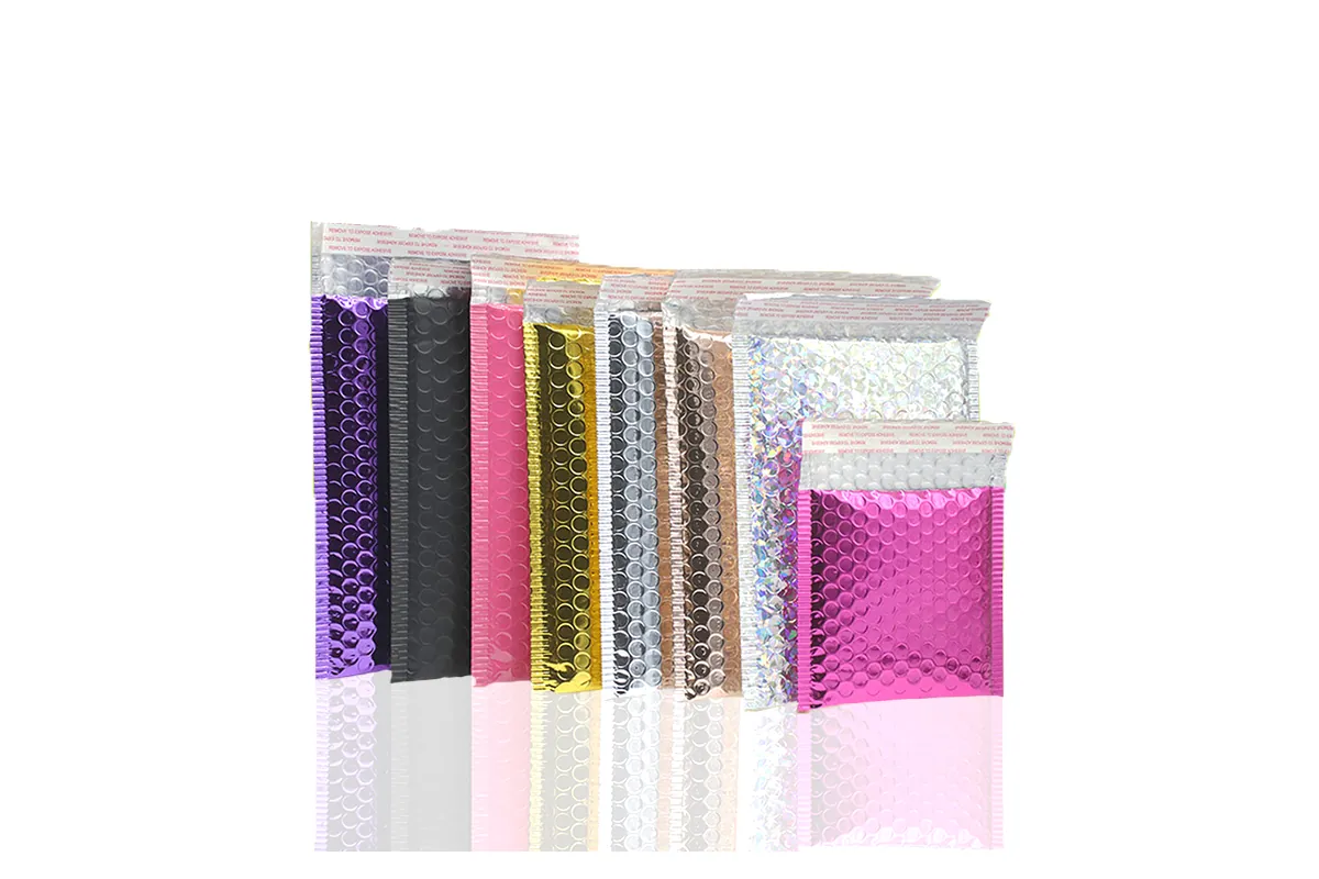 Metallic bubble mailers in purple, black, pink, gold, silver, rose gold, holographic and magenta
