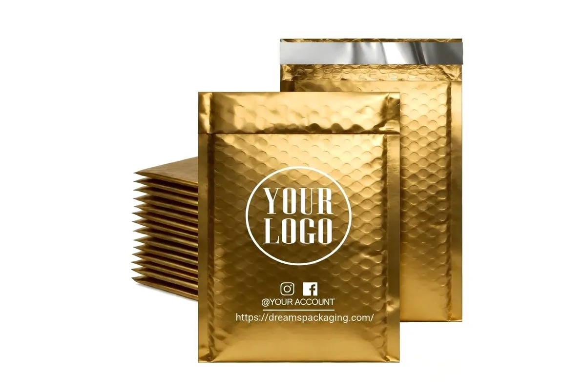 Gold metallic bubble mailers printed with a logo