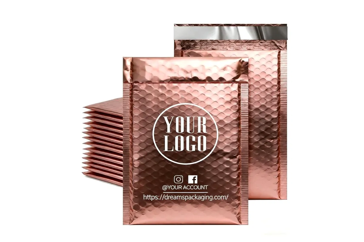 Rose gold metallic bubble mailers printed with a logo