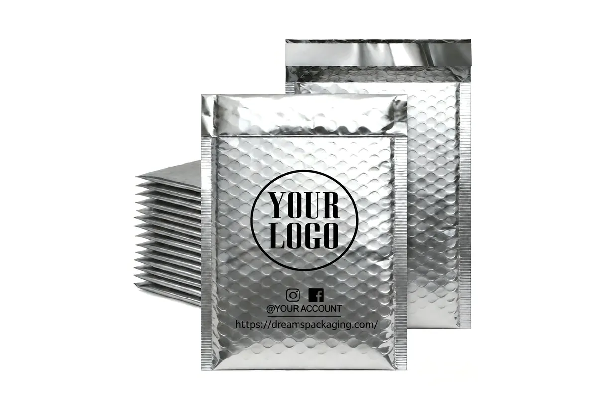 Silver metallic bubble mailers custom printed with a black logo, social icons and website