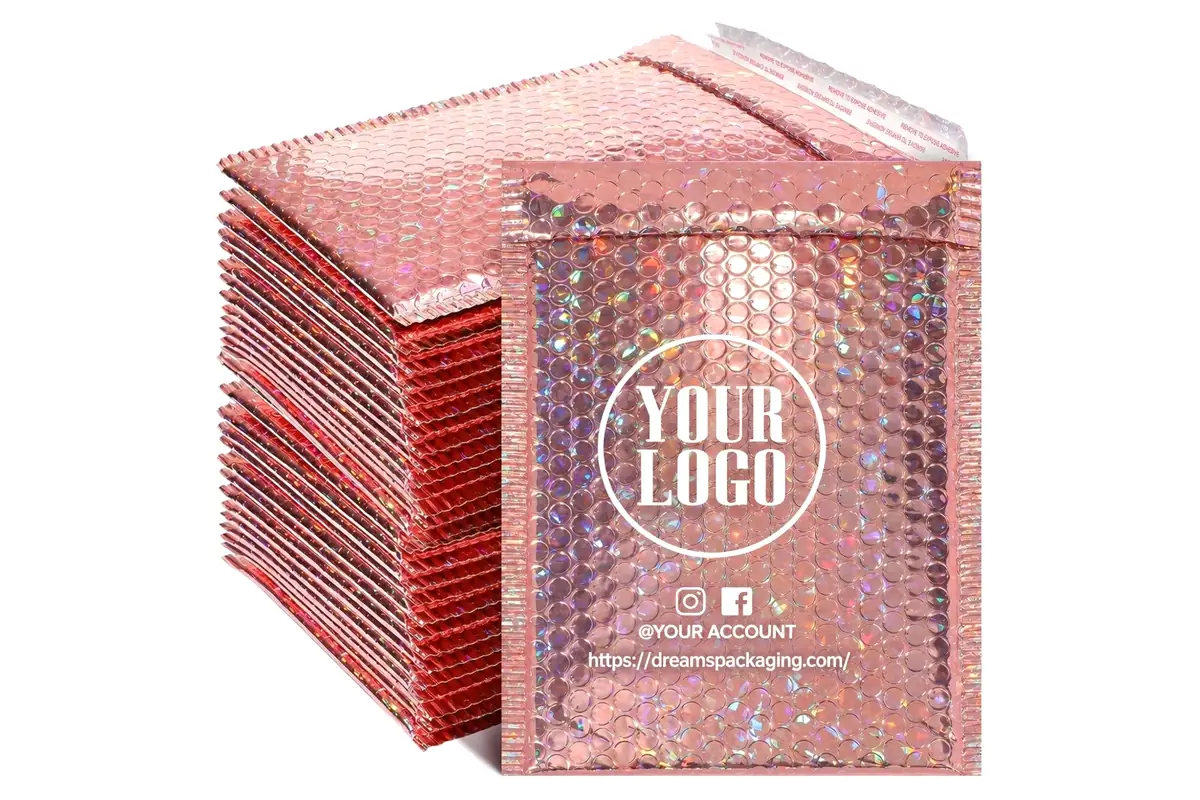 Pink pearl bubble mailers printed with a logo