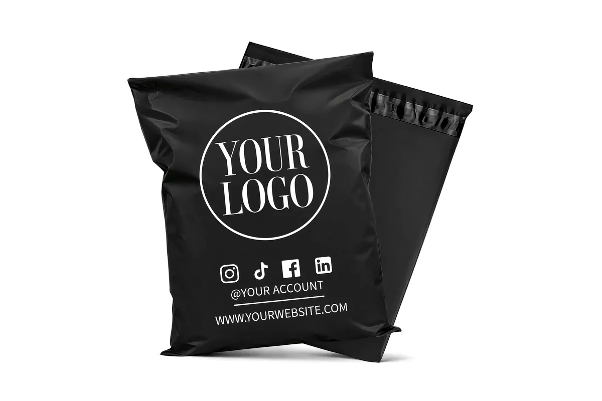 Black poly mailers printed with a white logo